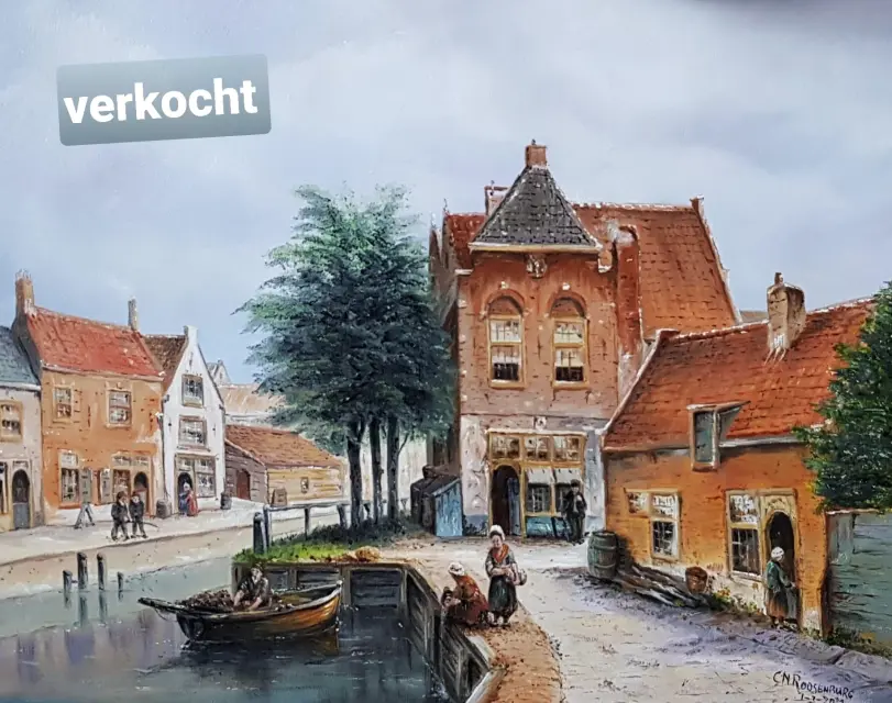 Grachtje in Haarlem olieverfschilderij door Kees Roosenburg