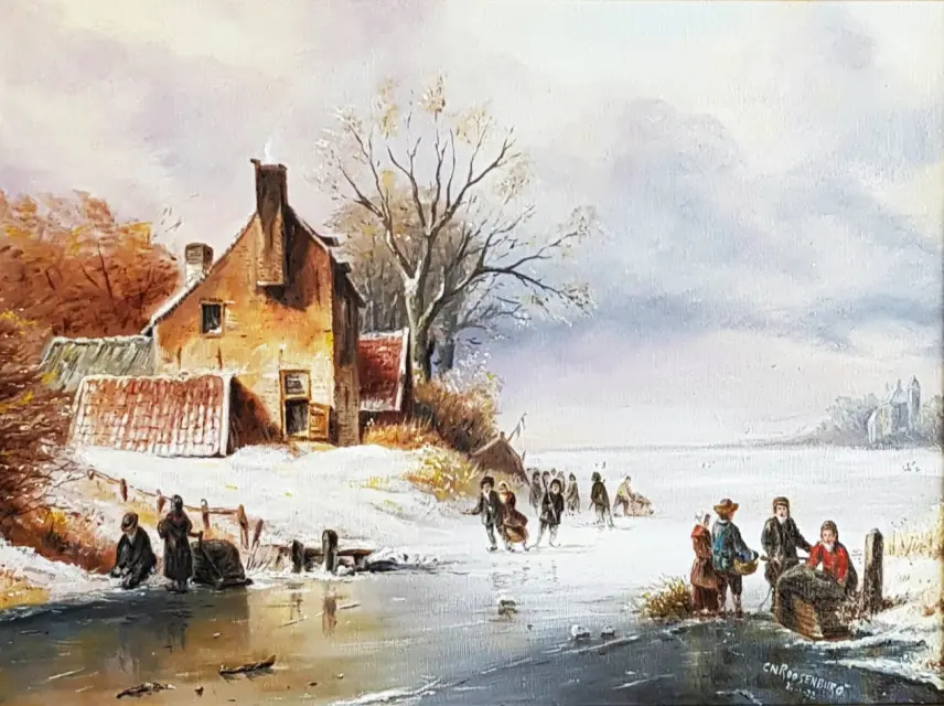 Winterlandschap Olieverf L.J. Klein door Kees Roosenburg