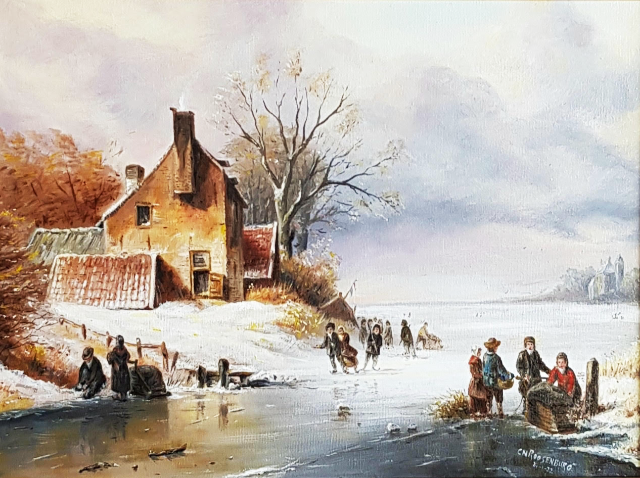 Winterlandschap Olieverf L.J. Klein door Kees Roosenburg